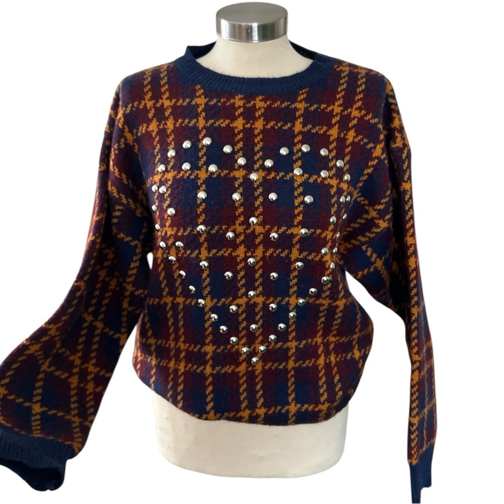 LF Furst of a Kind Vintage Reworked Stud Heart Plaid Embellished Sweater